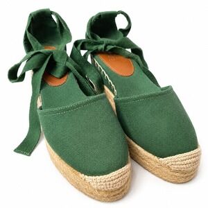 TALBOTS Izzy d'Orsay Tie-Ankle Espadrille Wedge Sz 7.5 Green Canvas Coastal Beac